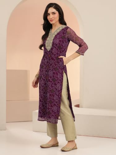 Libas Bandhani Inspired Print, Yoke Design Chiffon Straight Kurta Burgundy