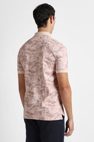 Men's pink print polo neck T-shirt by Van Heusen, featuring a stylish design and comfortable fit, shown on a plain background.