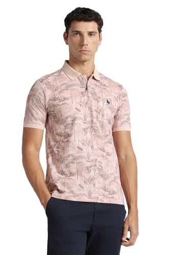 Men's pink print polo neck T-shirt by Van Heusen featuring short sleeves and a stylish printed design.