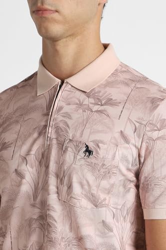 Men's pink printed polo neck T-shirt by Van Heusen, showcasing a stylish short-sleeve design with vibrant print details.