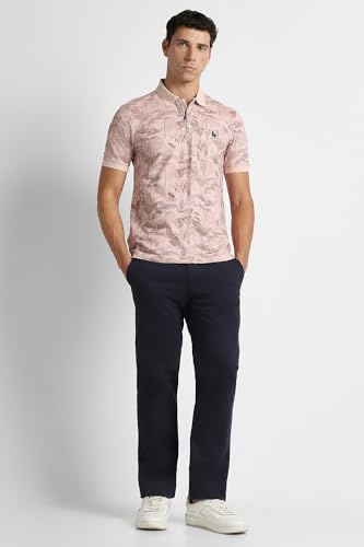 Men's pink print polo neck T-shirt by Van Heusen, featuring a classic design and short sleeves, suitable for casual wear.