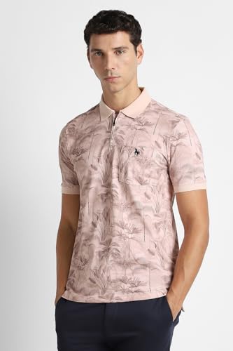 Men's pink print polo neck T-shirt by Van Heusen, featuring a classic fit and stylish design.