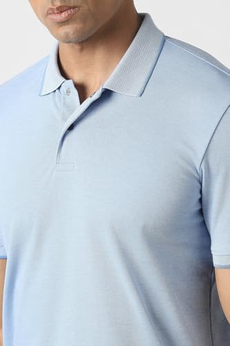 Men's light blue solid polo neck T-shirt by Van Heusen, short sleeve casual upper wear, front view on white background.