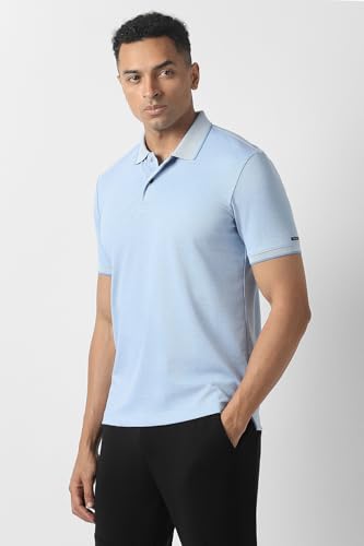 Men's light blue solid polo neck T-shirt by Van Heusen, close-up of the classic polo style and fabric texture.