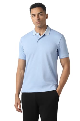 Men's light blue solid polo neck T-shirt by Van Heusen, short sleeve, classic fit, displayed on a white background.