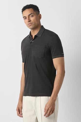 Men's black solid polo neck T-shirt by Van Heusen, shown in a close-up image highlighting the fabric and collar.