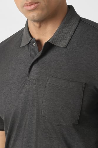 Men's black solid polo neck T-shirt by Van Heusen, short-sleeve casual T-shirt, close-up of fabric and collar detail.