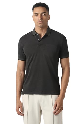 Men's black solid polo neck T-shirt by Van Heusen, showing the front view with a classic collar and short sleeves.