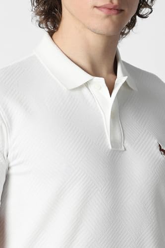 Men White Textured Polo Neck T-Shirt