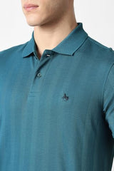 Men Blue Textured Polo Neck T-Shirt