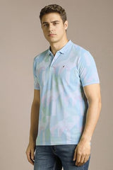 Men Light Blue Print Polo Neck T-Shirt