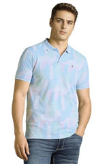Men Light Blue Print Polo Neck T-Shirt