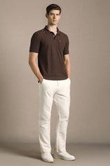 Men Brown Textured Polo Neck T-Shirt