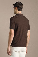 Men Brown Textured Polo Neck T-Shirt