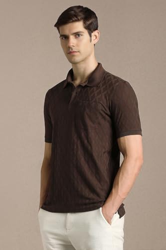 Men Brown Textured Polo Neck T-Shirt