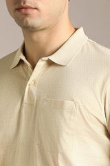 Men Beige Print Polo Neck T-Shirt