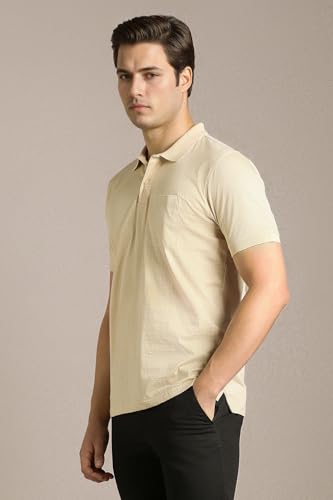 Men Beige Print Polo Neck T-Shirt