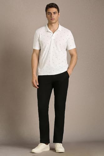 Louis Philippe men's white print polo neck T-shirt with short sleeves, casual upper wear for men, front print design