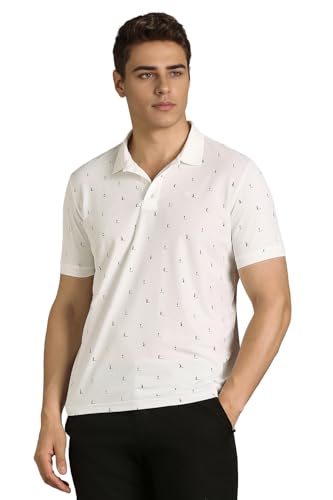Men's white print polo neck T-shirt by Louis Philippe, featuring a classic polo collar and short sleeves.