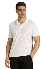 Men's white print polo neck T-shirt by Louis Philippe, featuring a classic polo collar and short sleeves.