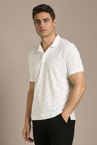 Louis Philippe men's white print polo neck T-shirt with short sleeves, featuring a subtle graphic design on the front.