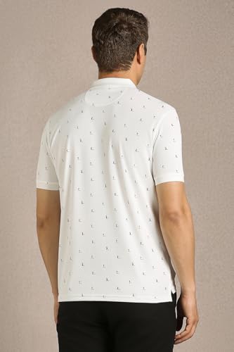 Men's white print polo neck T-shirt by Louis Philippe, featuring a classic fit and short sleeves, displayed flat on a neutral background.