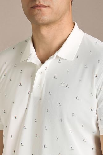 Men's white print polo neck T-shirt by Louis Philippe, featuring a classic fit and short sleeves.
