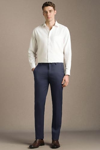 Men Navy Solid Flat Front Formal Trousers