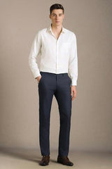 Men Navy Textured Flat Front Formal Trousers