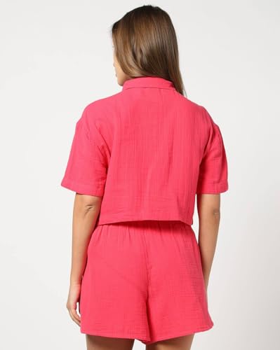Women's Spread Collar Short Sleeves Shirt, Pink, L