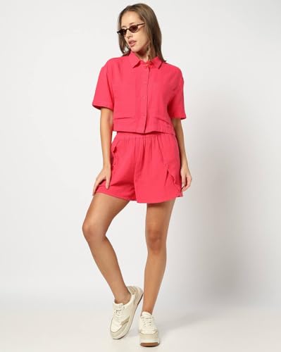 Women's Spread Collar Short Sleeves Shirt, Pink, L