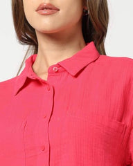 Women's Spread Collar Short Sleeves Shirt, Pink, L