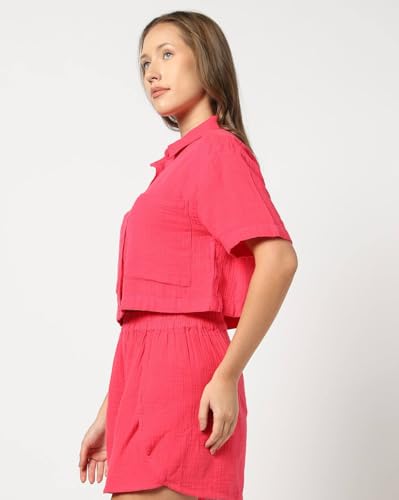 Women's Spread Collar Short Sleeves Shirt, Pink, L