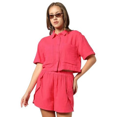 Women's Spread Collar Short Sleeves Shirt, Pink, L
