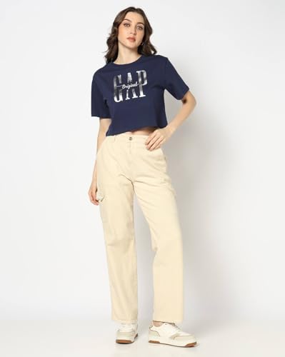 Women's Logo Print Crew Neck Relaxed Crop T-Shirt, Navy