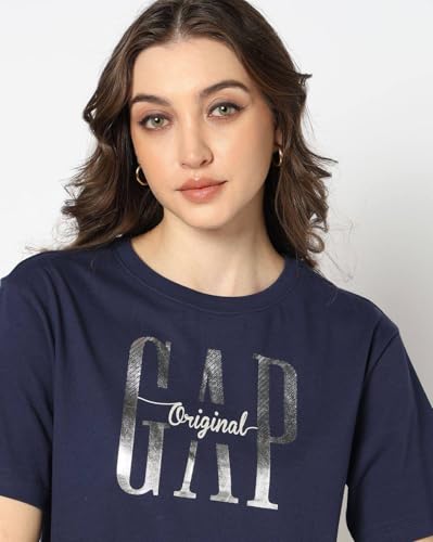 Women's Logo Print Crew Neck Relaxed Crop T-Shirt, Navy