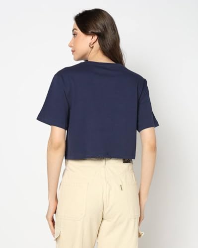 Women's Logo Print Crew Neck Relaxed Crop T-Shirt, Navy