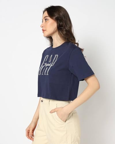 Women's Logo Print Crew Neck Relaxed Crop T-Shirt, Navy