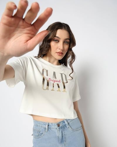 Women's Logo Print Crew Neck Relaxed Crop T-Shirt, White