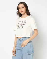 Women's Logo Print Crew Neck Relaxed Crop T-Shirt, White