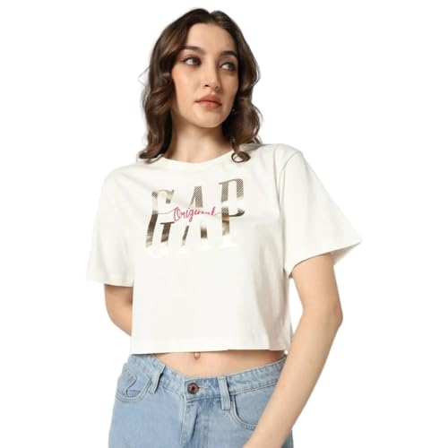 Women's Logo Print Crew Neck Relaxed Crop T-Shirt, White