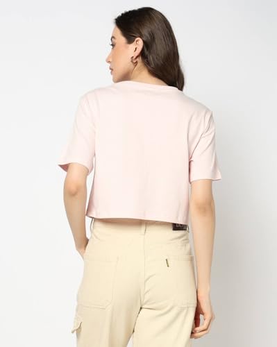 Women's Logo Print Crew Neck Relaxed Crop T-Shirt, Pink, L
