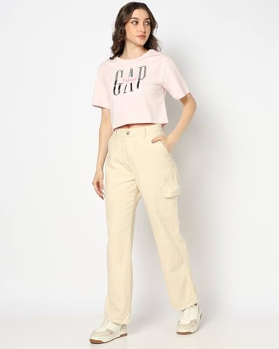 Women's Logo Print Crew Neck Relaxed Crop T-Shirt, Pink, L