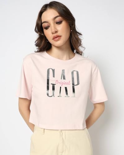 Women's Logo Print Crew Neck Relaxed Crop T-Shirt, Pink, L