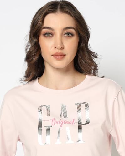 Women's Logo Print Crew Neck Relaxed Crop T-Shirt, Pink, L
