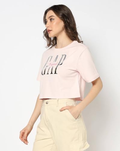 Women's Logo Print Crew Neck Relaxed Crop T-Shirt, Pink, L