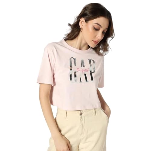 Women's Logo Print Crew Neck Relaxed Crop T-Shirt, Pink, L