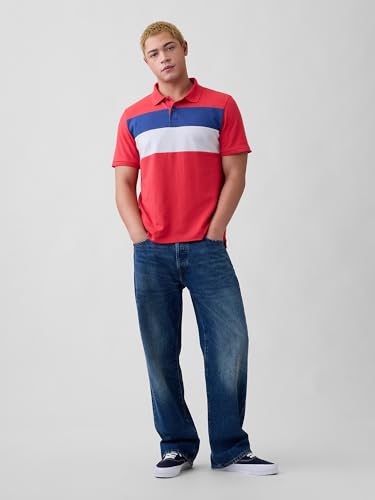 Men's Horizontal Stripes Polo Neck T-Shirt, Blue, S