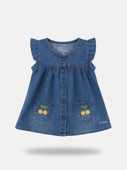 Girls Blue Solid Denim A-Line Dress