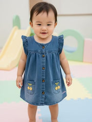 Girls Blue Solid Denim A-Line Dress